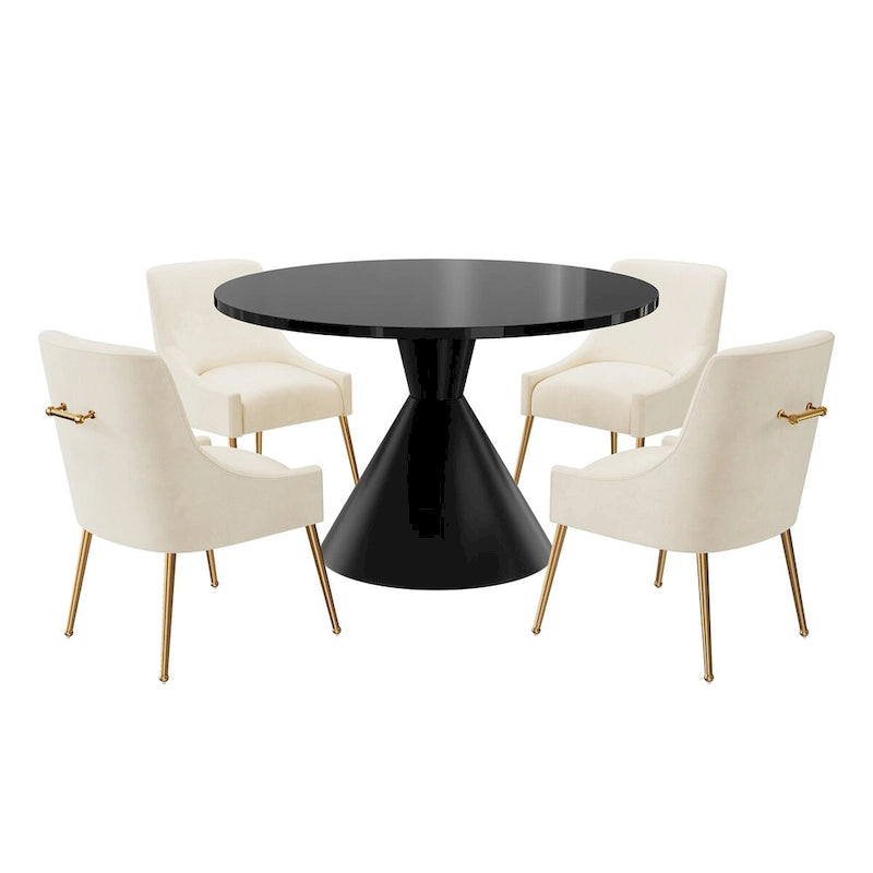 Table de salle à manger avec plateau en MDF laqué noir brillant 122 cm et chaises en velours — 4 à 6 places