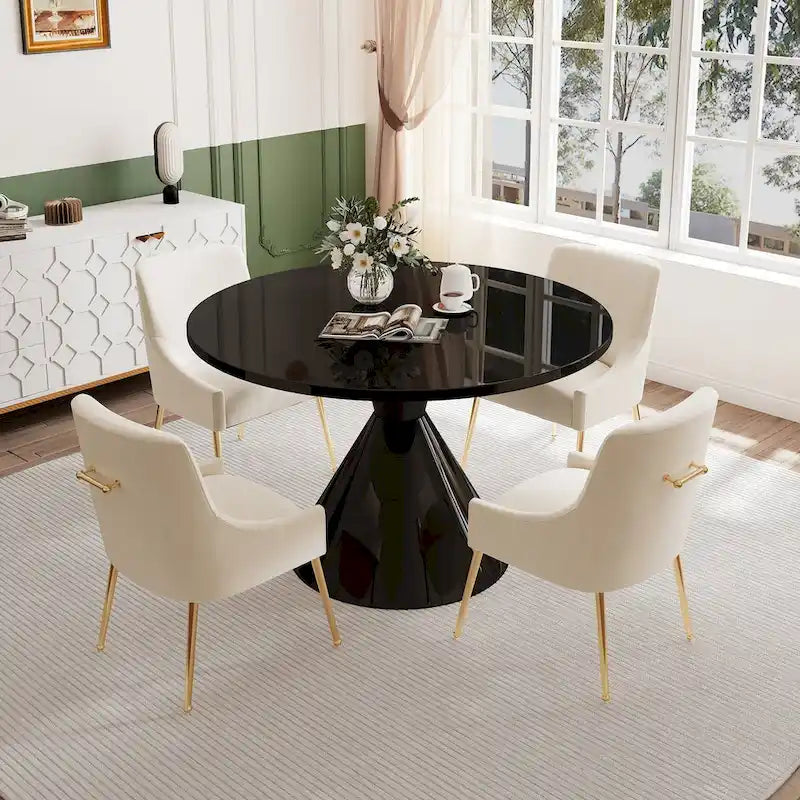 Table de salle à manger avec plateau en MDF laqué noir brillant 122 cm et chaises en velours — 4 à 6 places