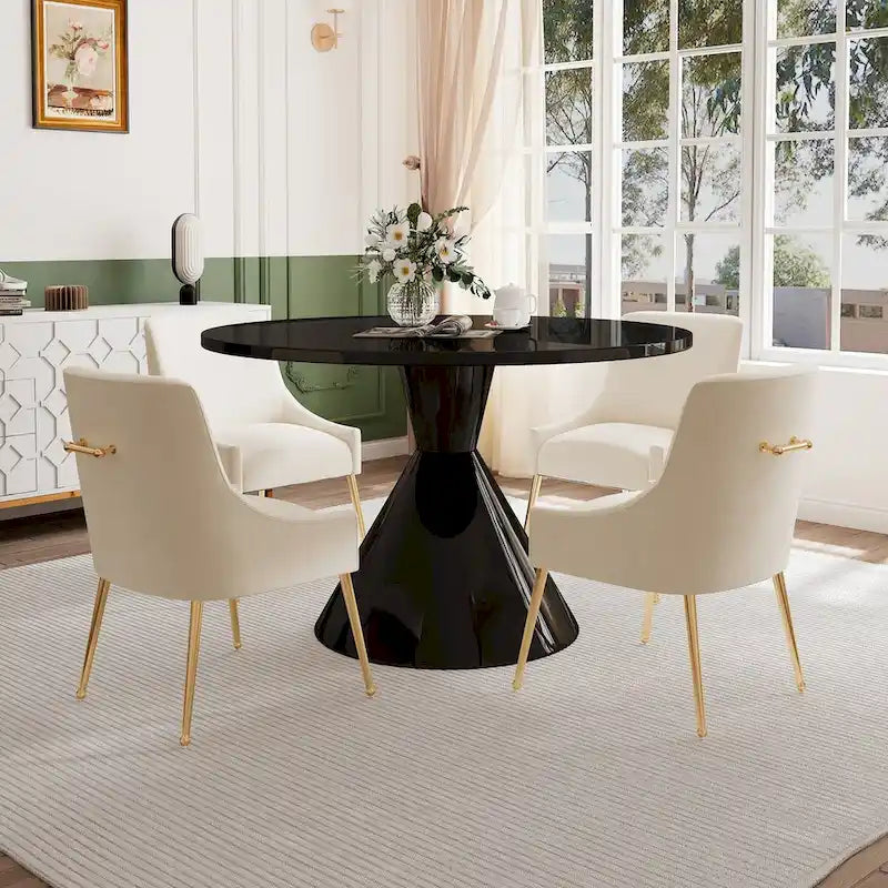 Table de salle à manger avec plateau en MDF laqué noir brillant 122 cm et chaises en velours — 4 à 6 places