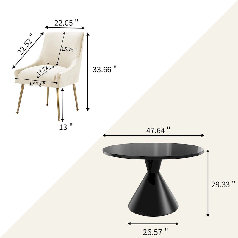 Table de salle à manger avec plateau en MDF laqué noir brillant 122 cm et chaises en velours — 4 à 6 places