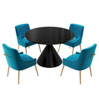 Table de salle à manger avec plateau en MDF laqué noir brillant 122 cm et chaises en velours — 4 à 6 places