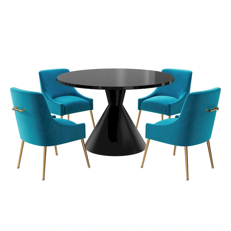 Table de salle à manger avec plateau en MDF laqué noir brillant 122 cm et chaises en velours — 4 à 6 places
