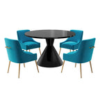 Table de salle à manger avec plateau en MDF laqué noir brillant 122 cm et chaises en velours — 4 à 6 places