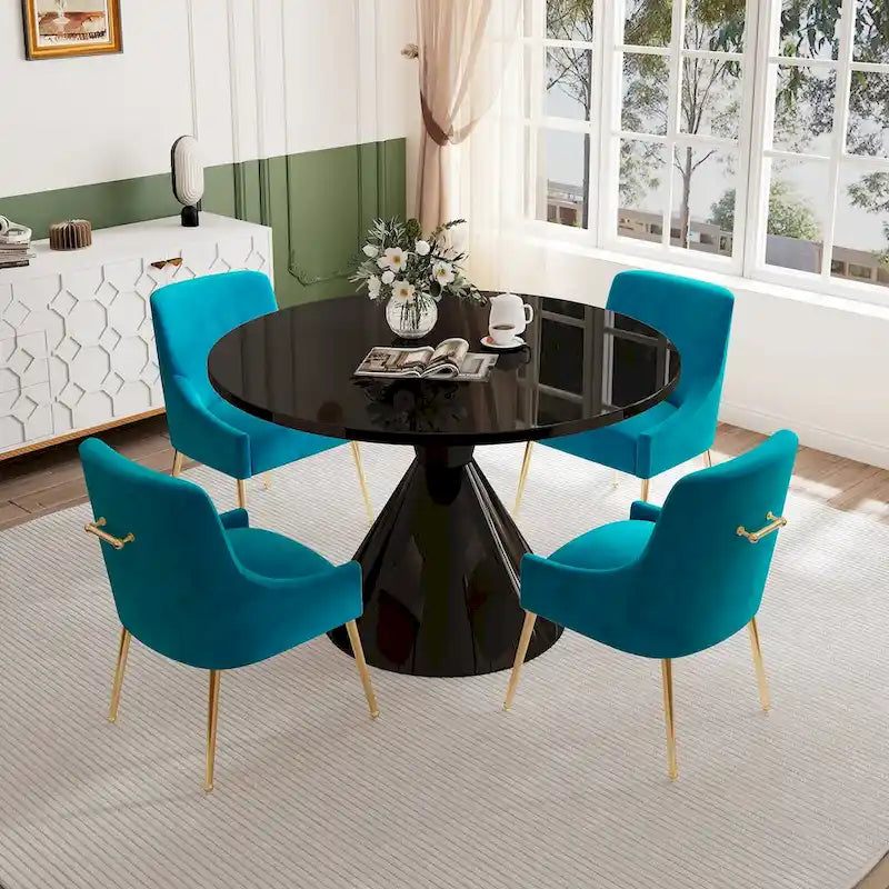 Table de salle à manger avec plateau en MDF laqué noir brillant 122 cm et chaises en velours — 4 à 6 places