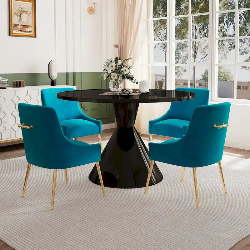 Table de salle à manger avec plateau en MDF laqué noir brillant 122 cm et chaises en velours — 4 à 6 places