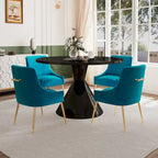 Table de salle à manger avec plateau en MDF laqué noir brillant 122 cm et chaises en velours — 4 à 6 places