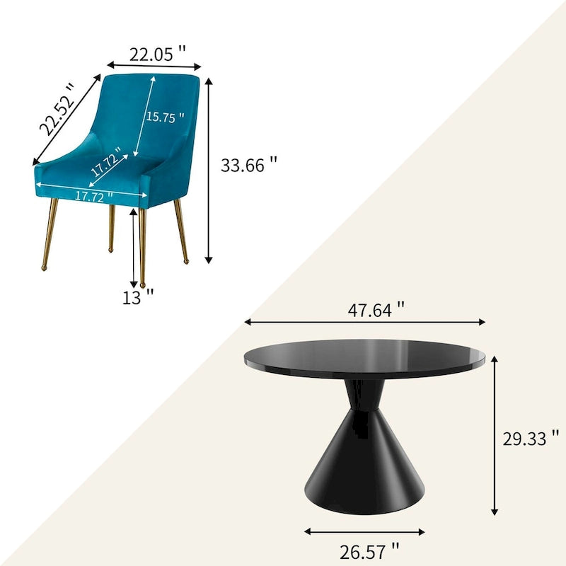 Table de salle à manger avec plateau en MDF laqué noir brillant 122 cm et chaises en velours — 4 à 6 places
