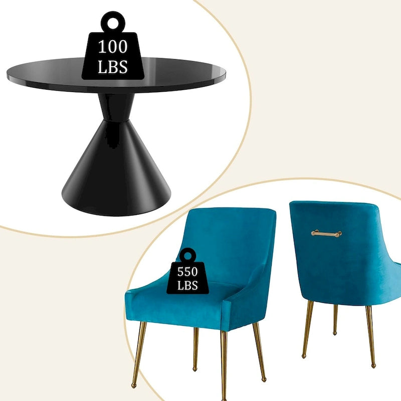 Table de salle à manger avec plateau en MDF laqué noir brillant 122 cm et chaises en velours — 4 à 6 places