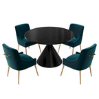 Table de salle à manger avec plateau en MDF laqué noir brillant 122 cm et chaises en velours — 4 à 6 places