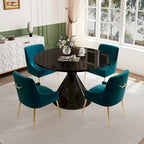 Table de salle à manger avec plateau en MDF laqué noir brillant 122 cm et chaises en velours — 4 à 6 places