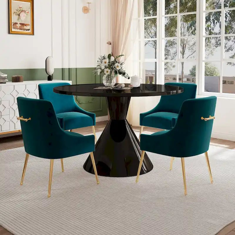 Table de salle à manger avec plateau en MDF laqué noir brillant 122 cm et chaises en velours — 4 à 6 places
