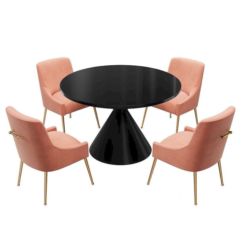 Table de salle à manger avec plateau en MDF laqué noir brillant 122 cm et chaises en velours — 4 à 6 places