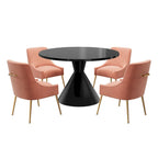 Table de salle à manger avec plateau en MDF laqué noir brillant 122 cm et chaises en velours — 4 à 6 places