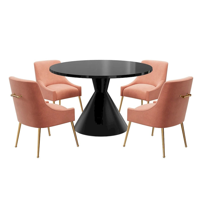 Table de salle à manger avec plateau en MDF laqué noir brillant 122 cm et chaises en velours — 4 à 6 places