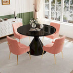 Table de salle à manger avec plateau en MDF laqué noir brillant 122 cm et chaises en velours — 4 à 6 places