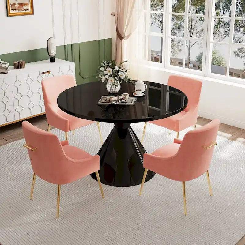 Table de salle à manger avec plateau en MDF laqué noir brillant 122 cm et chaises en velours — 4 à 6 places