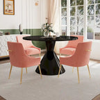 Table de salle à manger avec plateau en MDF laqué noir brillant 122 cm et chaises en velours — 4 à 6 places