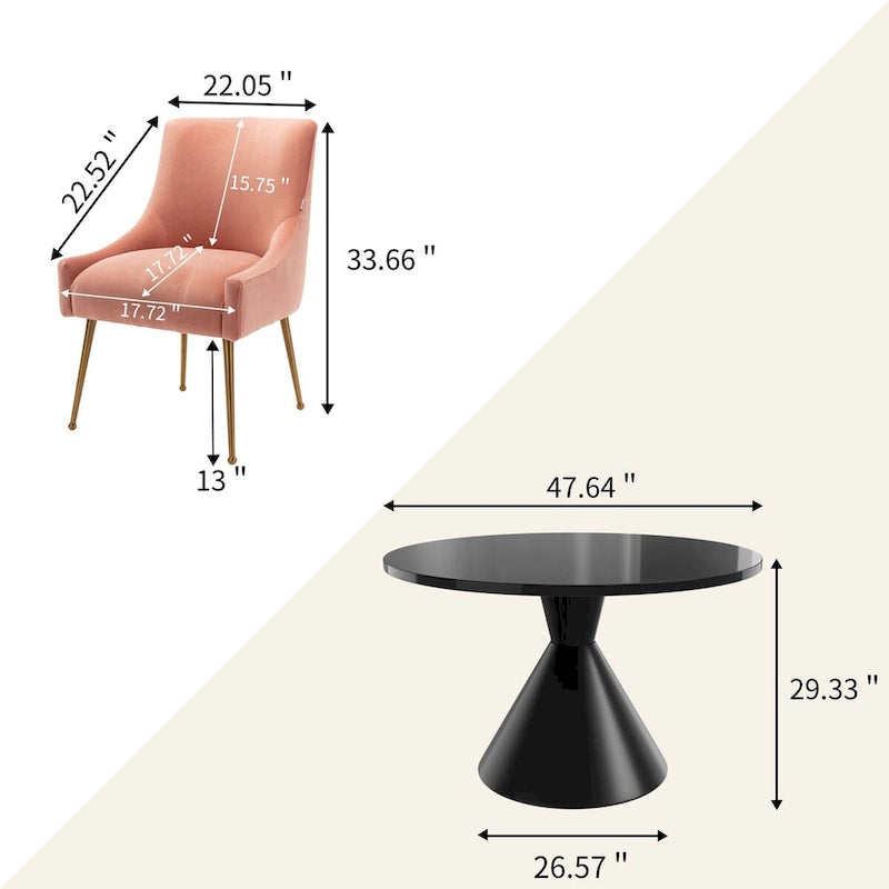 Table de salle à manger avec plateau en MDF laqué noir brillant 122 cm et chaises en velours — 4 à 6 places