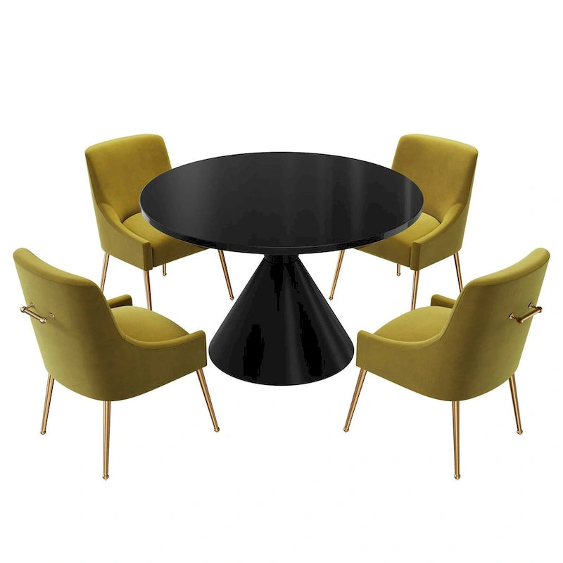 Table de salle à manger avec plateau en MDF laqué noir brillant 122 cm et chaises en velours — 4 à 6 places