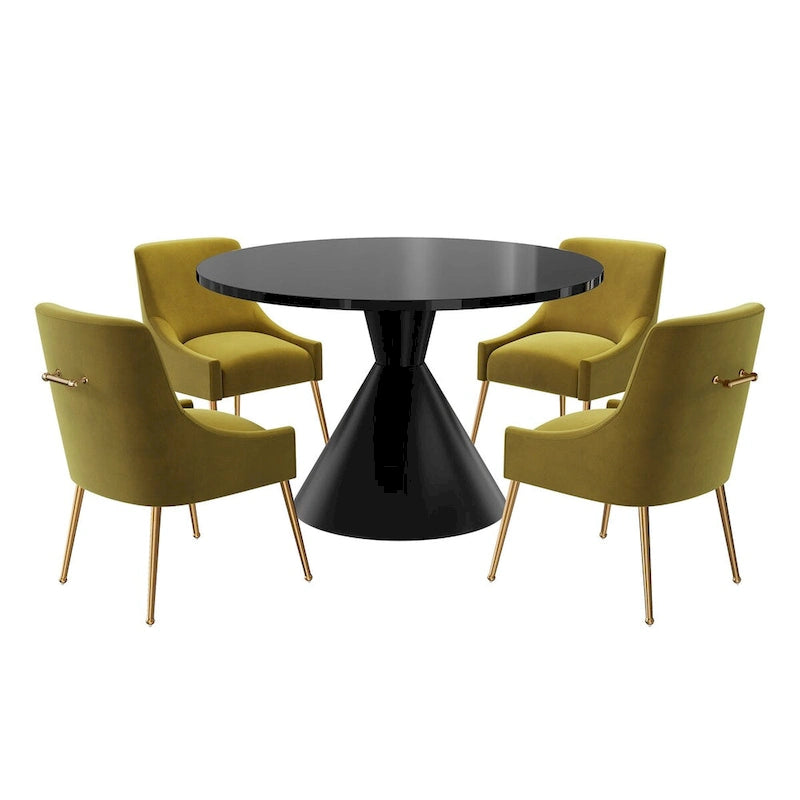 Table de salle à manger avec plateau en MDF laqué noir brillant 122 cm et chaises en velours — 4 à 6 places