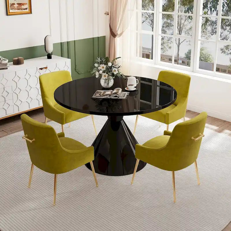Table de salle à manger avec plateau en MDF laqué noir brillant 122 cm et chaises en velours — 4 à 6 places