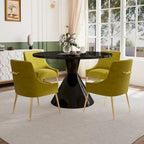 Table de salle à manger avec plateau en MDF laqué noir brillant 122 cm et chaises en velours — 4 à 6 places