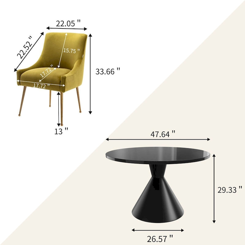 Table de salle à manger avec plateau en MDF laqué noir brillant 122 cm et chaises en velours — 4 à 6 places