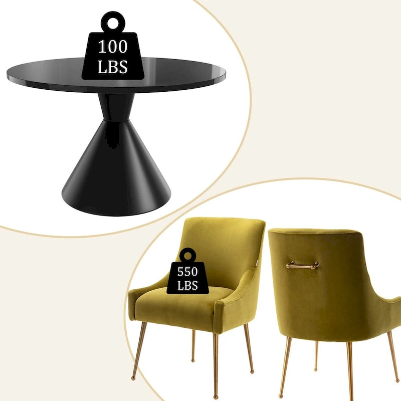 Table de salle à manger avec plateau en MDF laqué noir brillant 122 cm et chaises en velours — 4 à 6 places