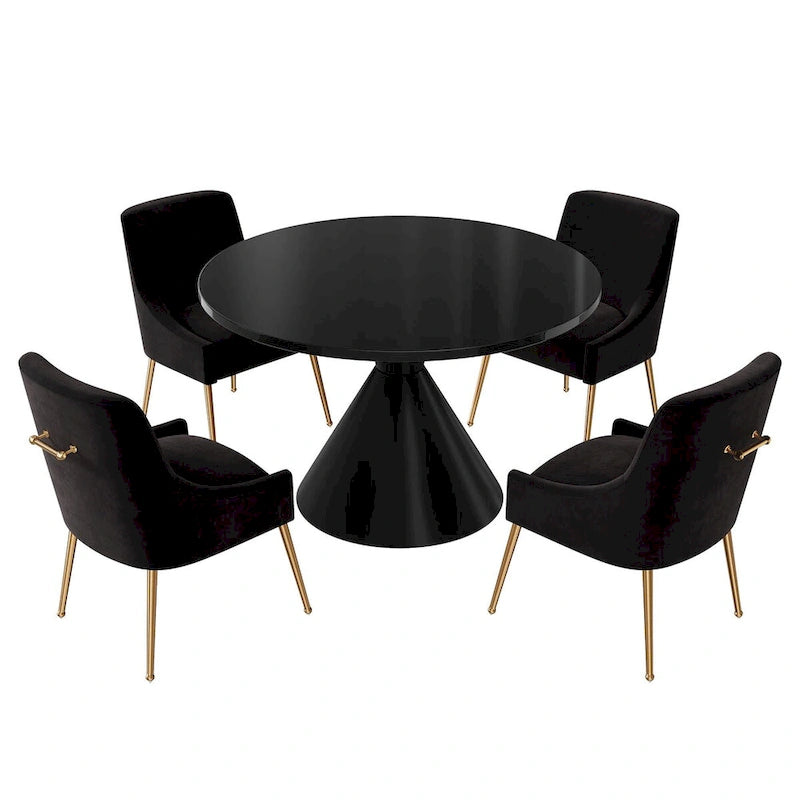 Table de salle à manger avec plateau en MDF laqué noir brillant 122 cm et chaises en velours — 4 à 6 places
