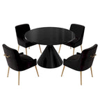 Table de salle à manger avec plateau en MDF laqué noir brillant 122 cm et chaises en velours — 4 à 6 places
