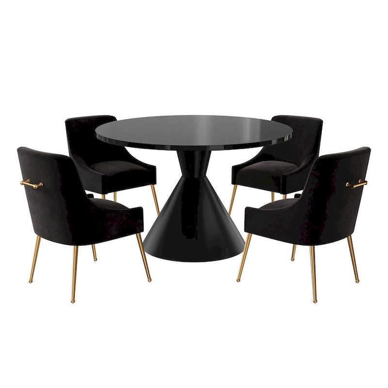 Table de salle à manger avec plateau en MDF laqué noir brillant 122 cm et chaises en velours — 4 à 6 places