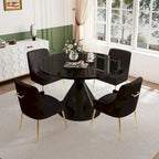 Table de salle à manger avec plateau en MDF laqué noir brillant 122 cm et chaises en velours — 4 à 6 places