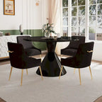 Table de salle à manger avec plateau en MDF laqué noir brillant 122 cm et chaises en velours — 4 à 6 places
