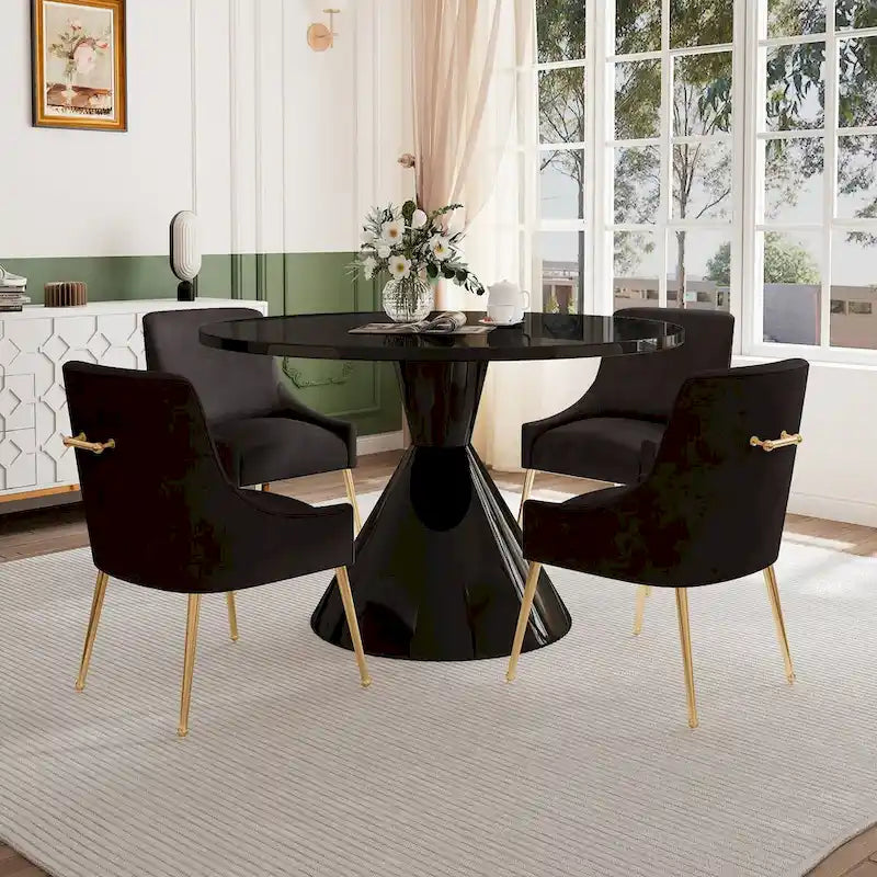 Table de salle à manger avec plateau en MDF laqué noir brillant 122 cm et chaises en velours — 4 à 6 places