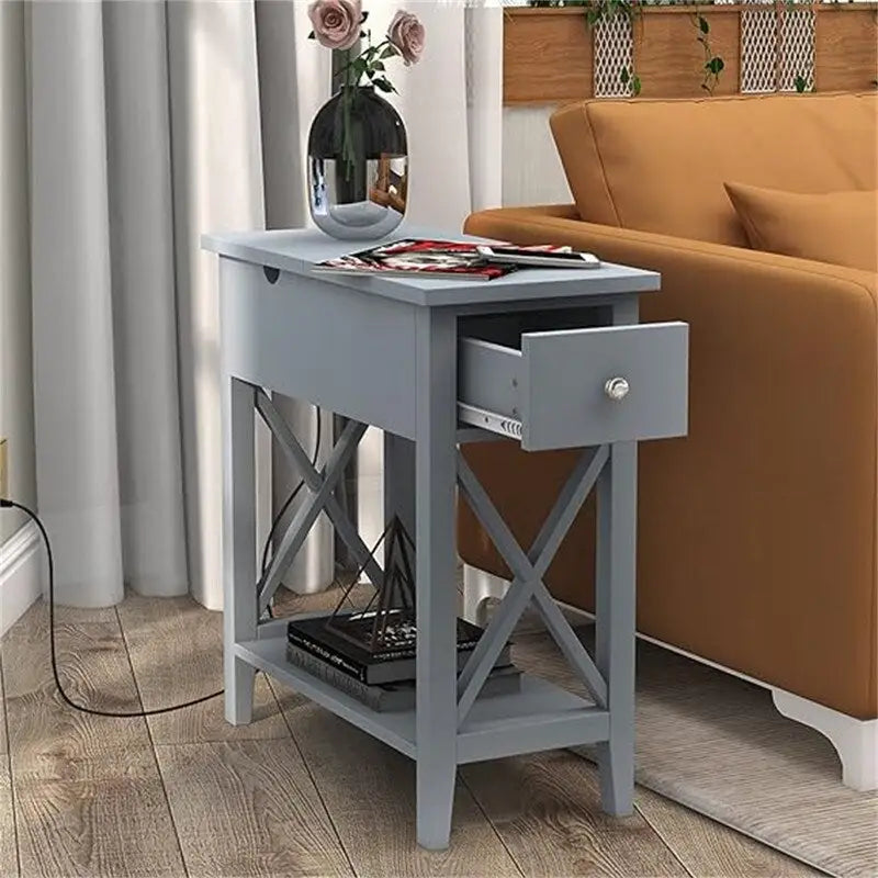 Table d'appoint relevable avec prises électriques — Gris / Noir / Blanc / Espresso, cadre en X, pour 1 personne