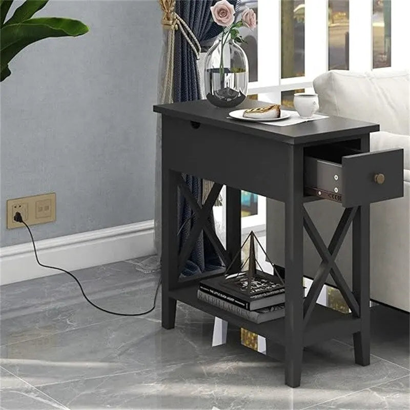 Table d'appoint relevable avec prises électriques — Gris / Noir / Blanc / Espresso, cadre en X, pour 1 personne