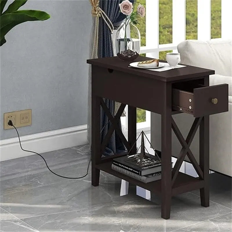 Table d'appoint relevable avec prises électriques — Gris / Noir / Blanc / Espresso, cadre en X, pour 1 personne
