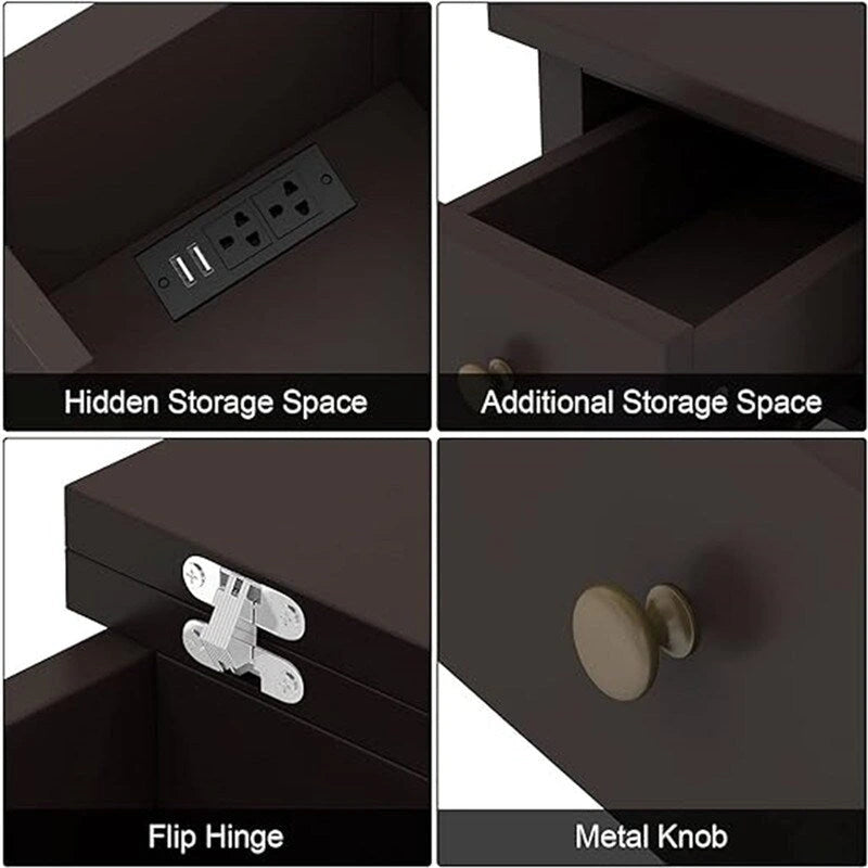 Table d'appoint relevable avec prises électriques — Gris / Noir / Blanc / Espresso, cadre en X, pour 1 personne