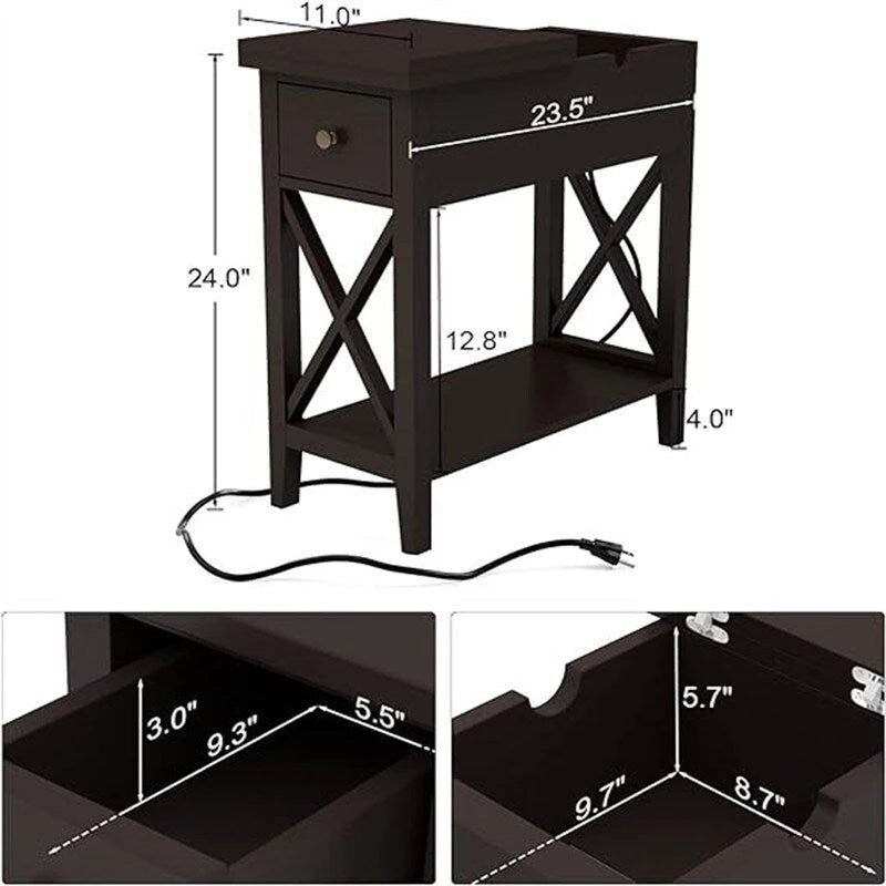Table d'appoint relevable avec prises électriques — Gris / Noir / Blanc / Espresso, cadre en X, pour 1 personne