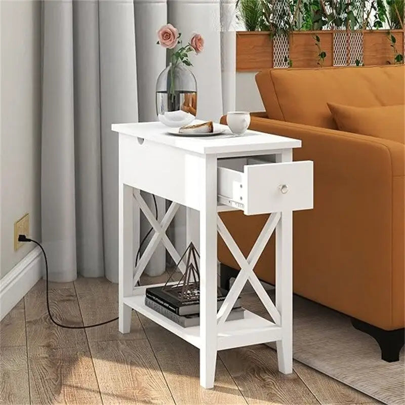 Table d'appoint relevable avec prises électriques — Gris / Noir / Blanc / Espresso, cadre en X, pour 1 personne