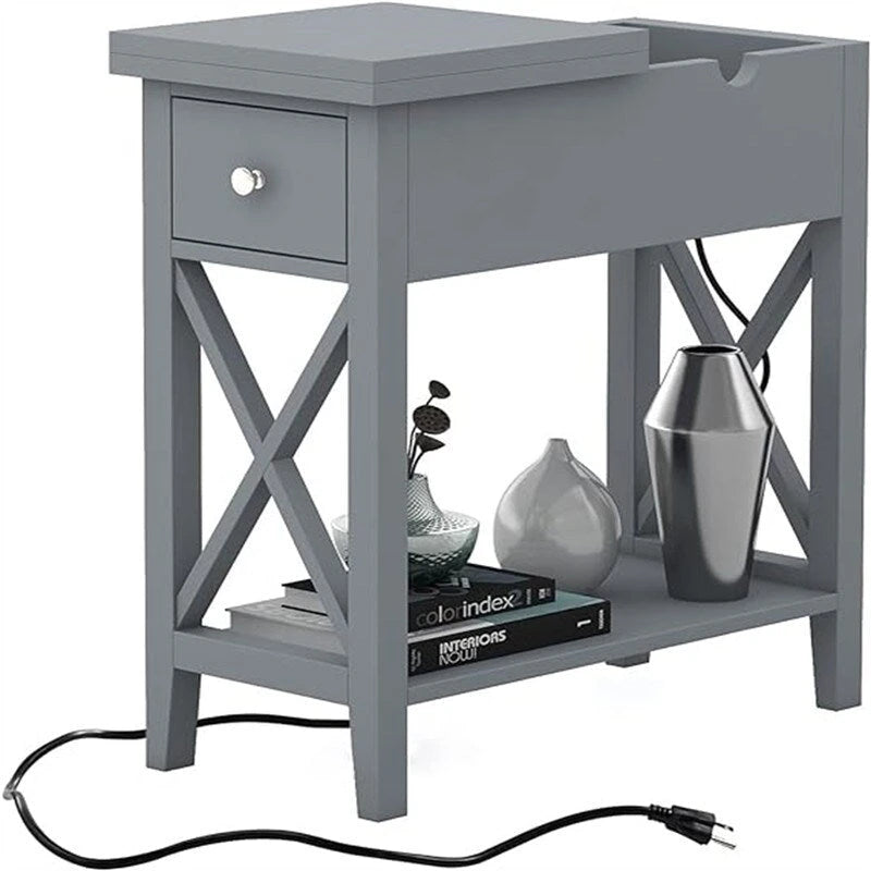Table d'appoint relevable avec prises électriques — Gris / Noir / Blanc / Espresso, cadre en X, pour 1 personne