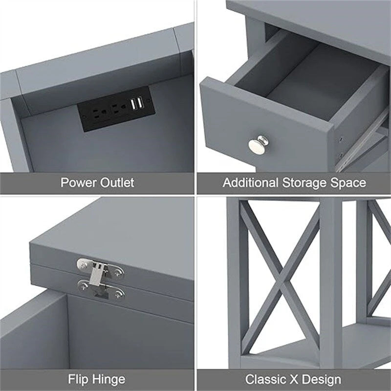 Table d'appoint relevable avec prises électriques — Gris / Noir / Blanc / Espresso, cadre en X, pour 1 personne