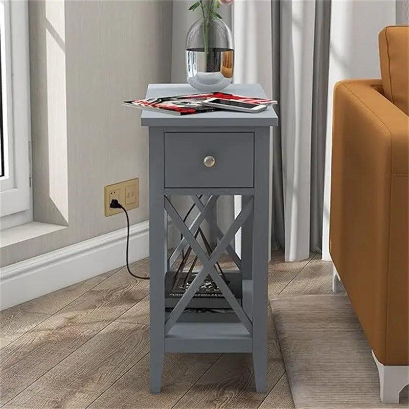 Table d'appoint relevable avec prises électriques — Gris / Noir / Blanc / Espresso, cadre en X, pour 1 personne