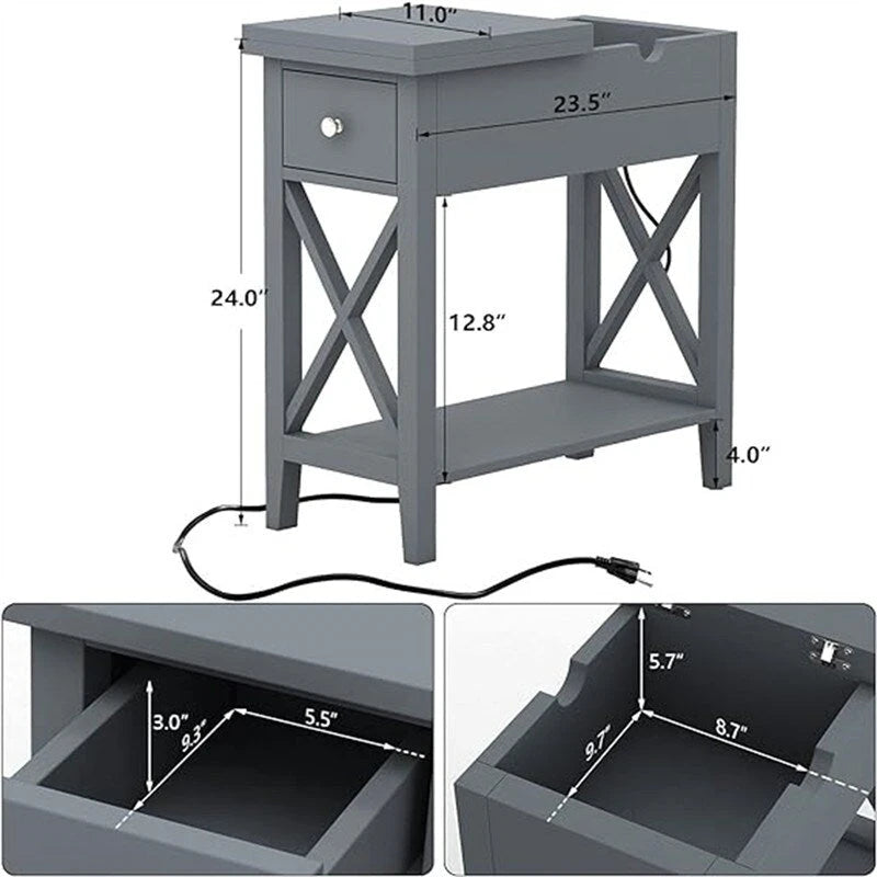 Table d'appoint relevable avec prises électriques — Gris / Noir / Blanc / Espresso, cadre en X, pour 1 personne