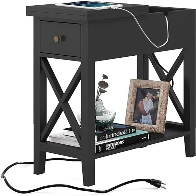 Table d'appoint relevable avec prises électriques — Gris / Noir / Blanc / Espresso, cadre en X, pour 1 personne