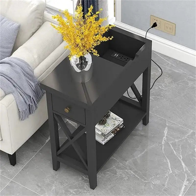 Table d'appoint relevable avec prises électriques — Gris / Noir / Blanc / Espresso, cadre en X, pour 1 personne