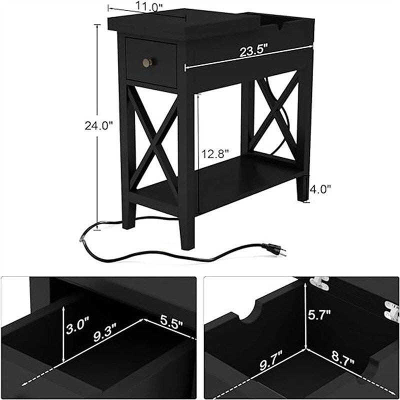 Table d'appoint relevable avec prises électriques — Gris / Noir / Blanc / Espresso, cadre en X, pour 1 personne
