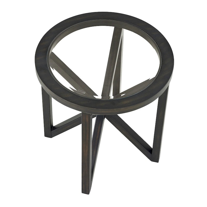 Table Basse Ronde en Verre Trempé Noir — Piétement Trépied en Bois Massif