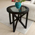 Table Basse Ronde en Verre Trempé Noir — Piétement Trépied en Bois Massif