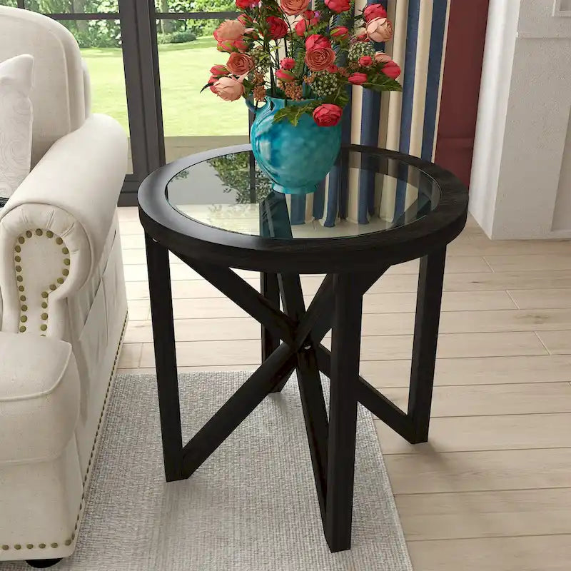 Table Basse Ronde en Verre Trempé Noir — Piétement Trépied en Bois Massif